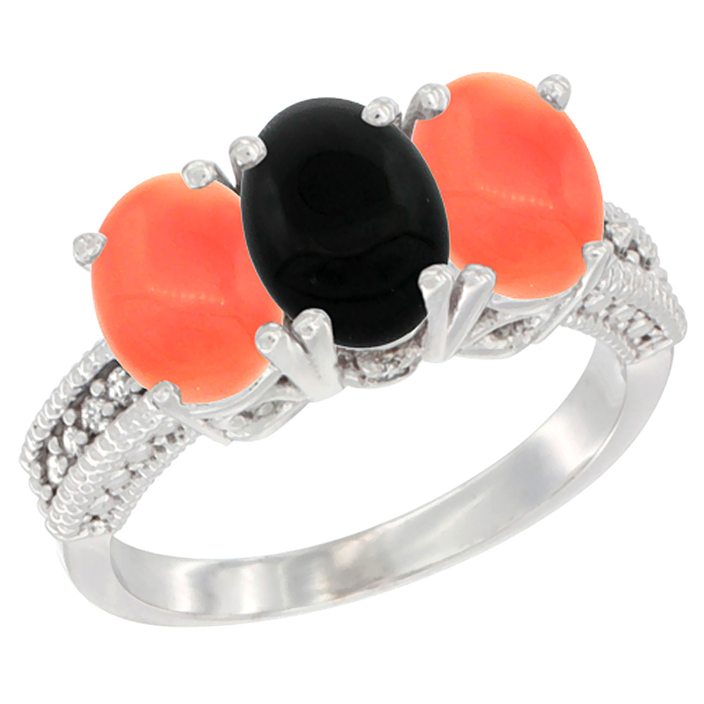 14K White Gold Natural Black Onyx Ring with Coral 3-Stone 7x5 mm Oval Diamond Accent, sizes 5 - 10