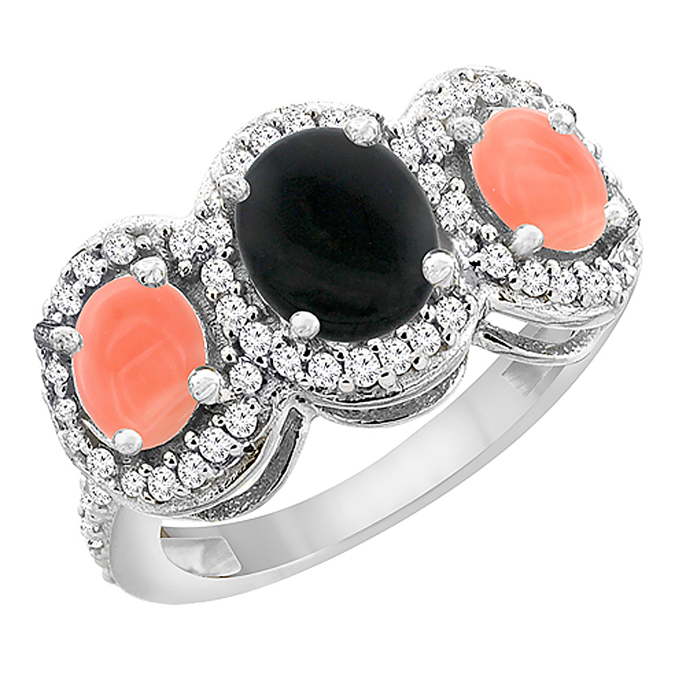 14K White Gold Natural Black Onyx & Coral 3-Stone Ring Oval Diamond Accent, sizes 5 - 10