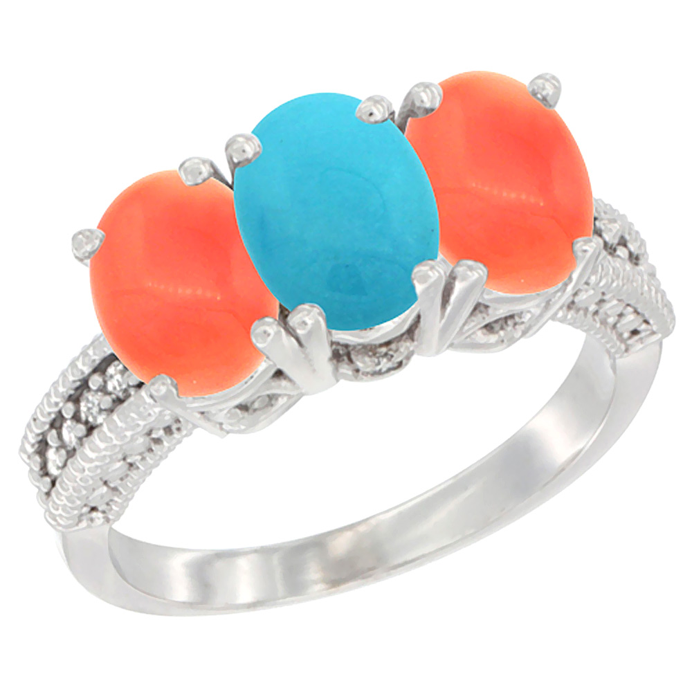 14K White Gold Natural Turquoise Ring with Coral 3-Stone 7x5 mm Oval Diamond Accent, sizes 5 - 10