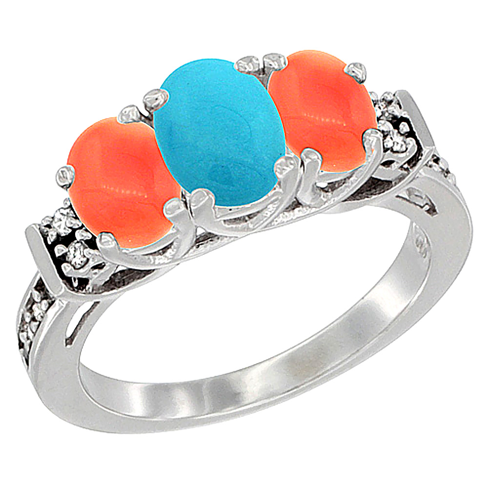 14K White Gold Natural Turquoise & Coral Ring 3-Stone Oval Diamond Accent, sizes 5-10
