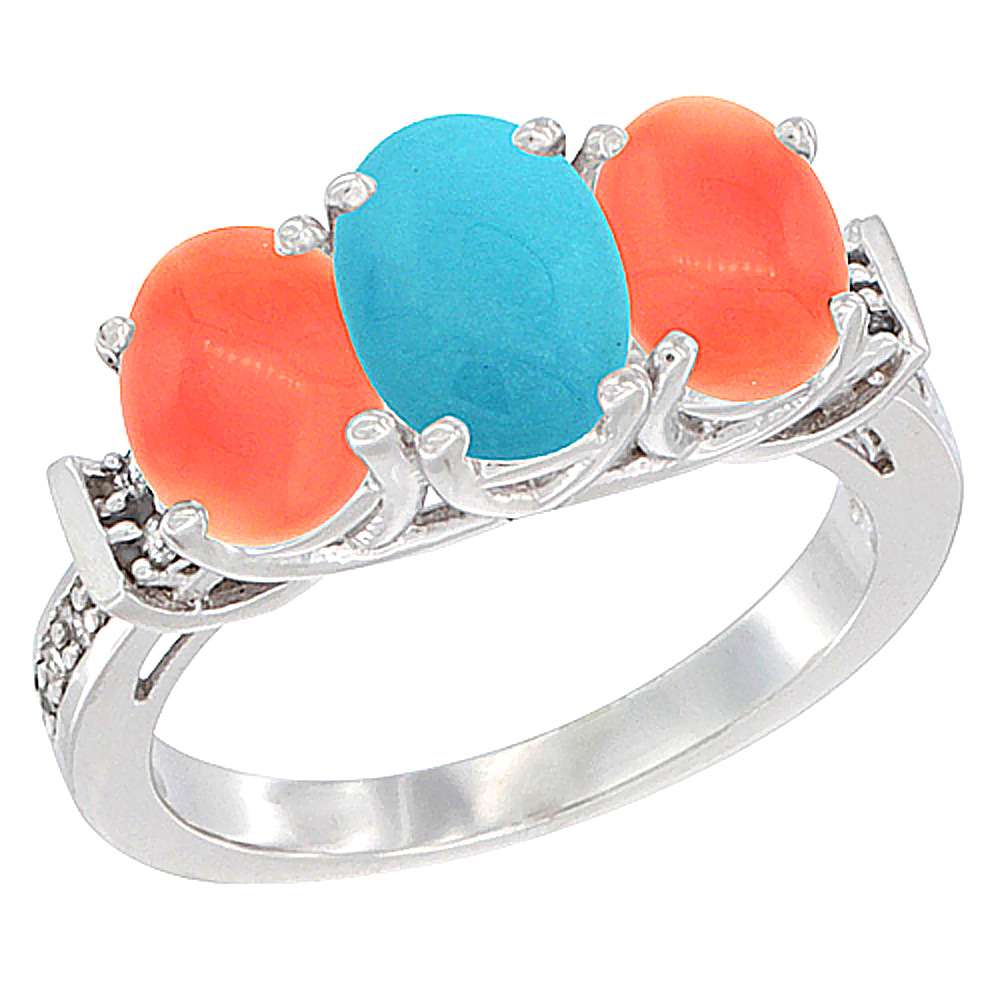 10K White Gold Natural Turquoise & Coral Sides Ring 3-Stone Oval Diamond Accent, sizes 5 - 10