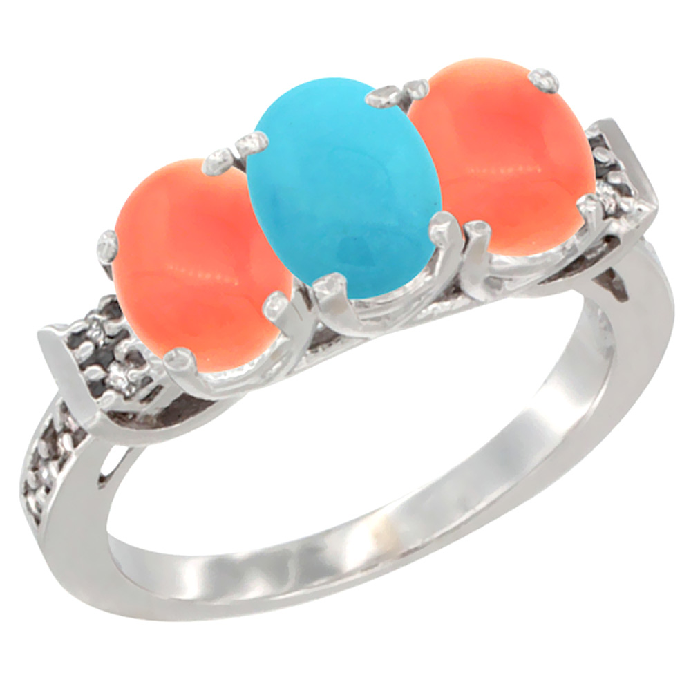 14K White Gold Natural Turquoise &amp; Coral Ring 3-Stone 7x5 mm Oval Diamond Accent, sizes 5 - 10