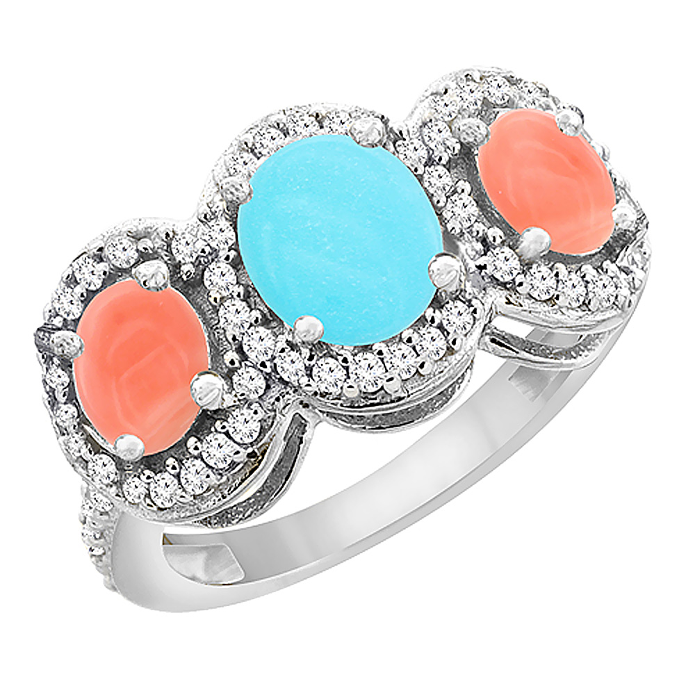 10K White Gold Natural Turquoise &amp; Coral 3-Stone Ring Oval Diamond Accent, sizes 5 - 10