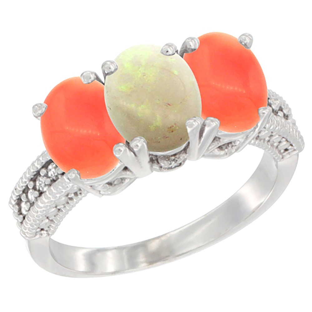 10K White Gold Diamond Natural Opal &amp; Coral Ring 3-Stone 7x5 mm Oval, sizes 5 - 10