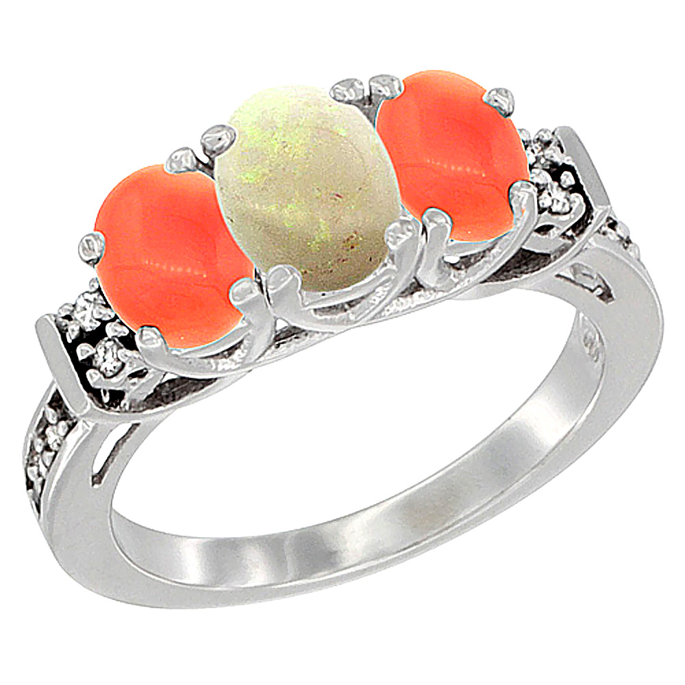 14K White Gold Natural Opal &amp; Coral Ring 3-Stone Oval Diamond Accent, sizes 5-10