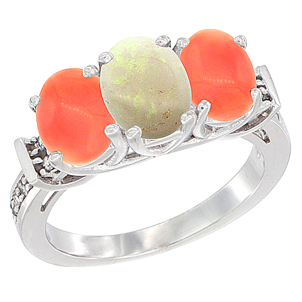 14K White Gold Natural Opal &amp; Coral Sides Ring 3-Stone Oval Diamond Accent, sizes 5 - 10