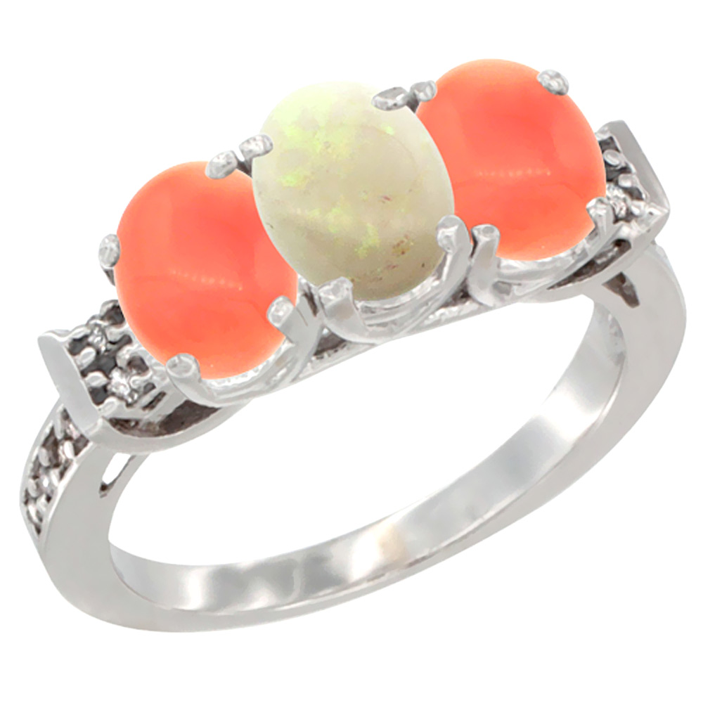 14K White Gold Natural Opal &amp; Coral Ring 3-Stone 7x5 mm Oval Diamond Accent, sizes 5 - 10