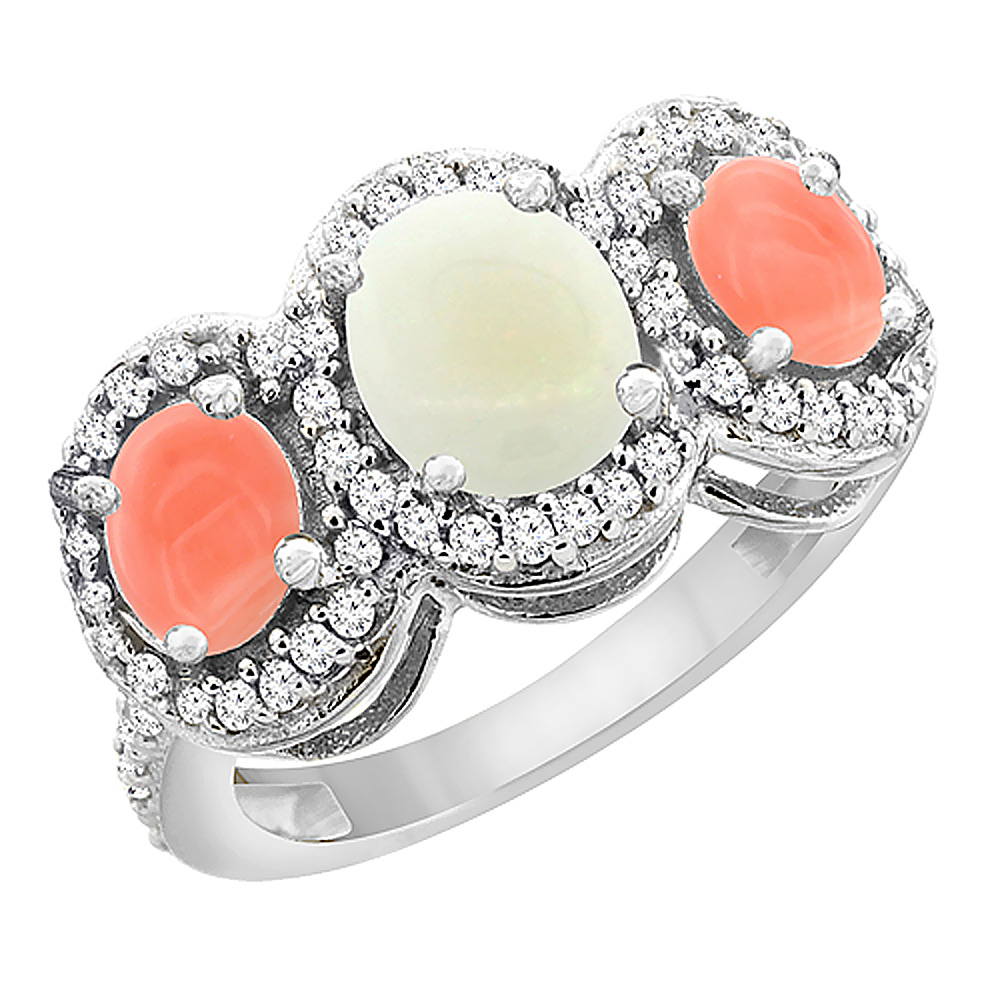 10K White Gold Natural Opal &amp; Coral 3-Stone Ring Oval Diamond Accent, sizes 5 - 10