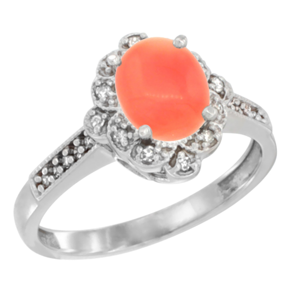 14K White Gold Natural Coral Ring Oval 8x6 mm Floral Diamond Halo, sizes 5 - 10