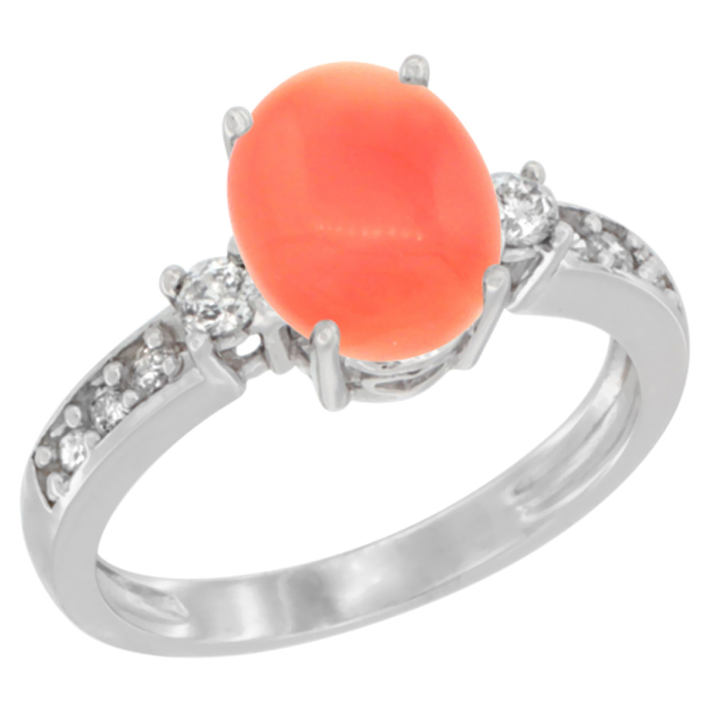 14K White Gold Natural Coral Ring Oval 9x7 mm Diamond Accent, sizes 5 - 10