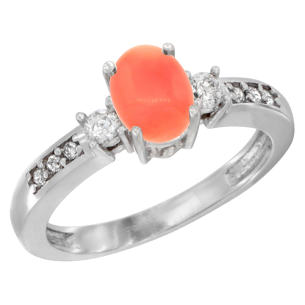 14K White Gold Diamond Natural Coral Engagement Ring Oval 7x5 mm, sizes 5 - 10
