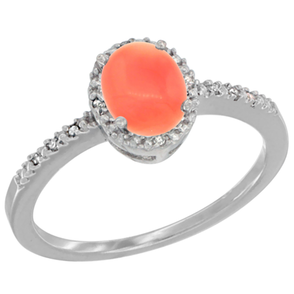 10K White Gold Diamond Natural Coral Engagement Ring Oval 7x5 mm, sizes 5 - 10