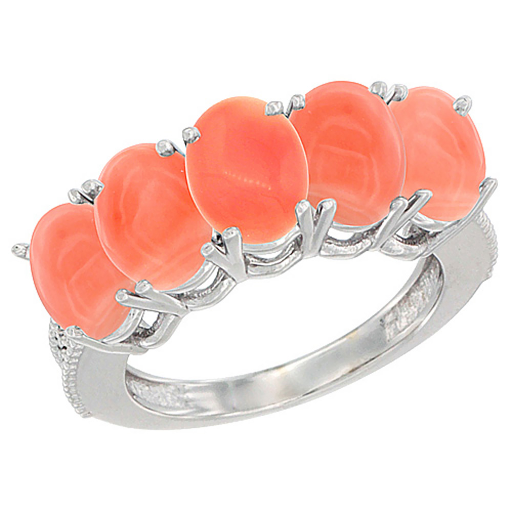 10K White Gold Natural Coral 0.75 ct. Oval 7x5mm 5-Stone Mother&#039;s Ring with Diamond Accents, sizes 5 to 10 with half sizes