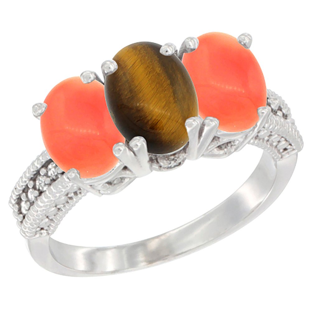 14K White Gold Natural Tiger Eye Ring with Coral 3-Stone 7x5 mm Oval Diamond Accent, sizes 5 - 10