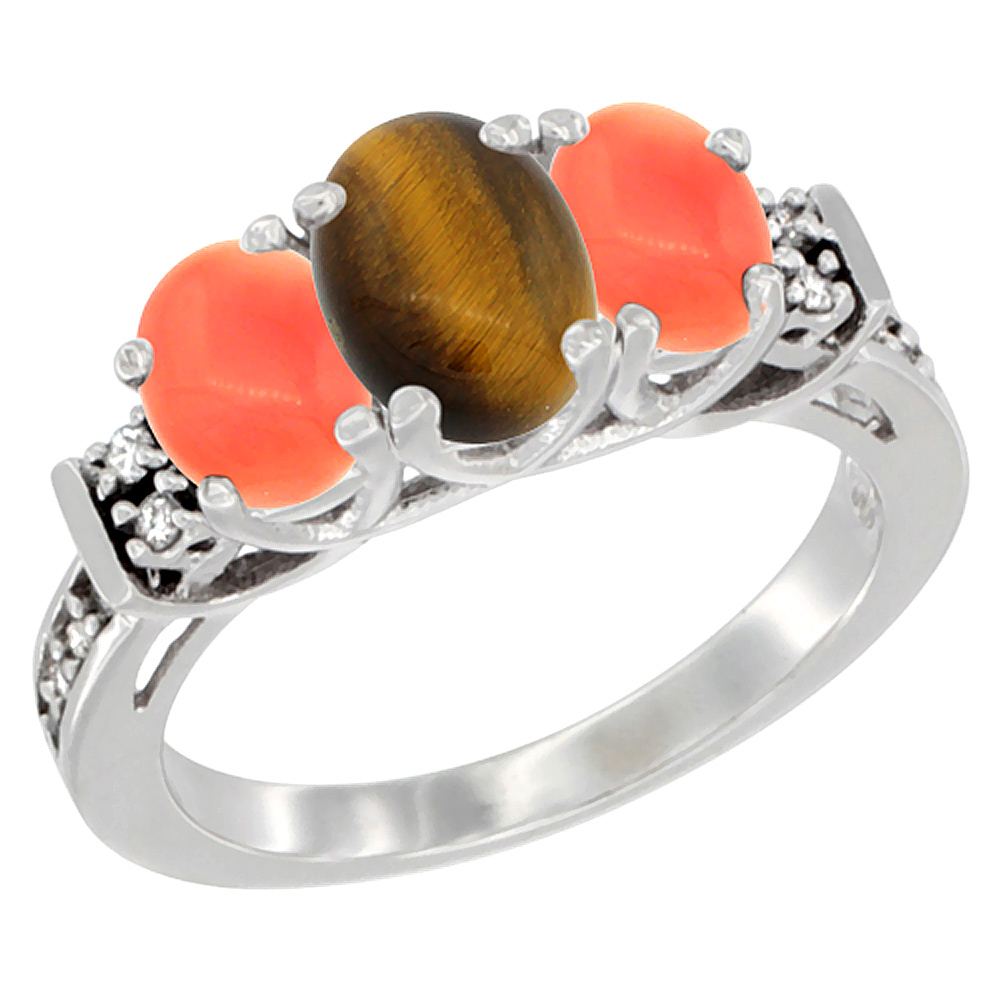 14K White Gold Natural Tiger Eye &amp; Coral Ring 3-Stone Oval Diamond Accent, sizes 5-10
