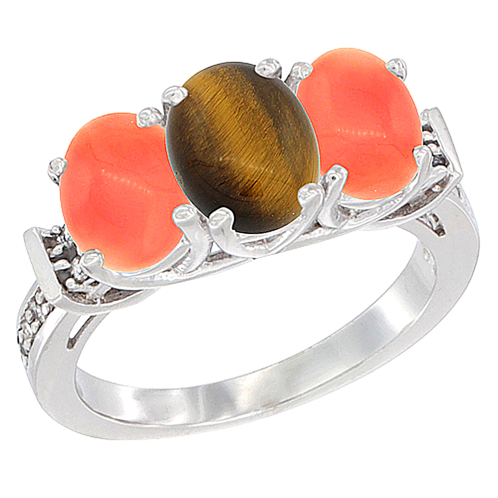 14K White Gold Natural Tiger Eye &amp; Coral Sides Ring 3-Stone Oval Diamond Accent, sizes 5 - 10