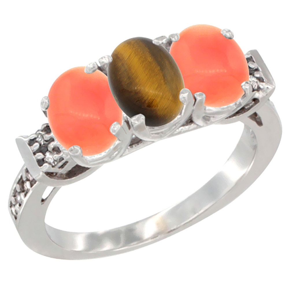 10K White Gold Natural Tiger Eye &amp; Coral Sides Ring 3-Stone Oval 7x5 mm Diamond Accent, sizes 5 - 10