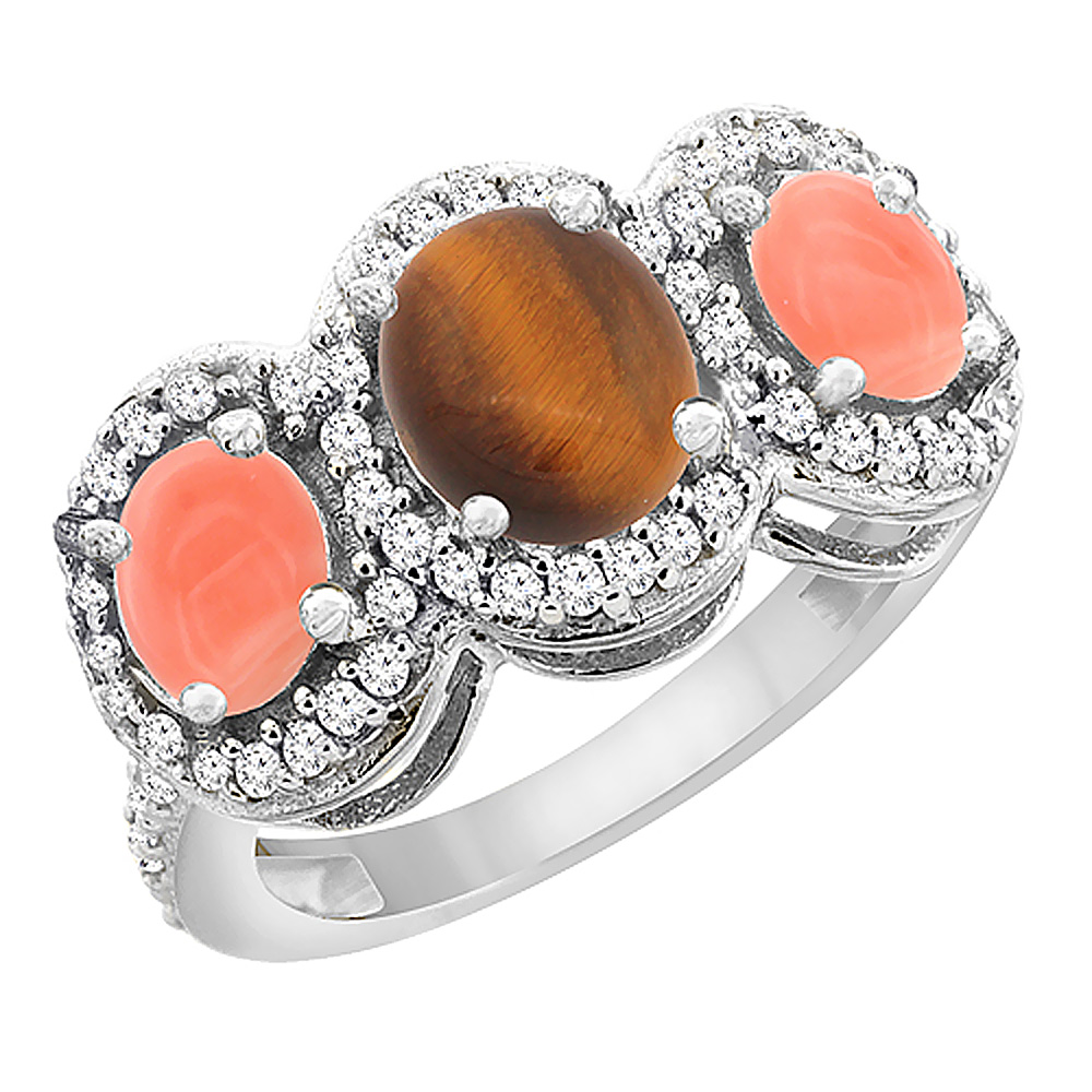 14K White Gold Natural Tiger Eye &amp; Coral 3-Stone Ring Oval Diamond Accent, sizes 5 - 10