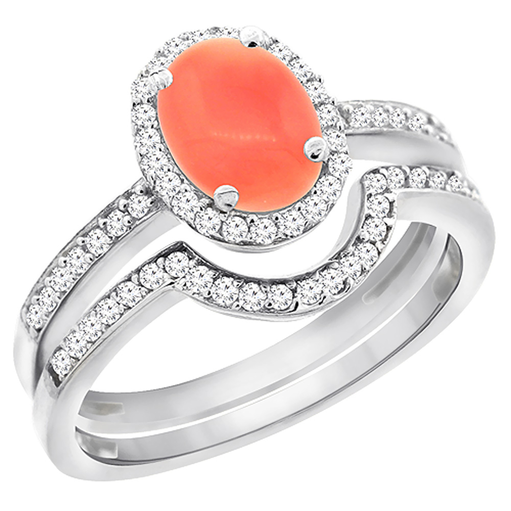 14K Yellow Gold Diamond Natural Coral 2-Pc. Engagement Ring Set Oval 8x6 mm, sizes 5 - 10
