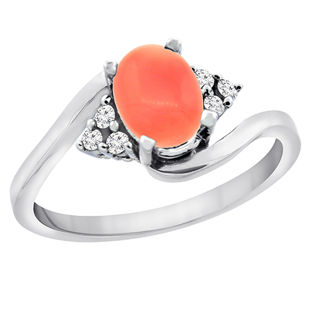 10K Yellow Gold Diamond Natural Coral Engagement Ring Oval 7x5mm, sizes 5 - 10