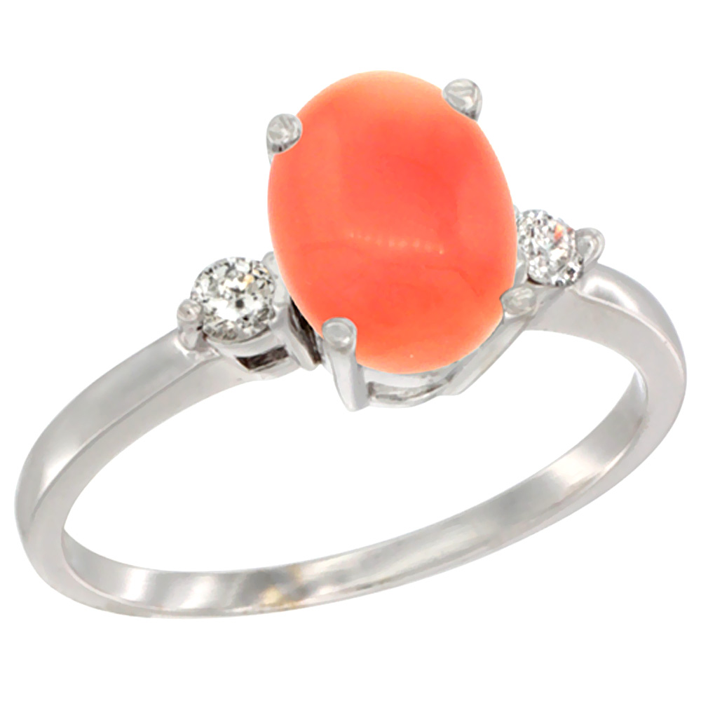 14K White Gold Natural Coral Ring Oval 9x7 mm Diamond Accent, sizes 5 to 10