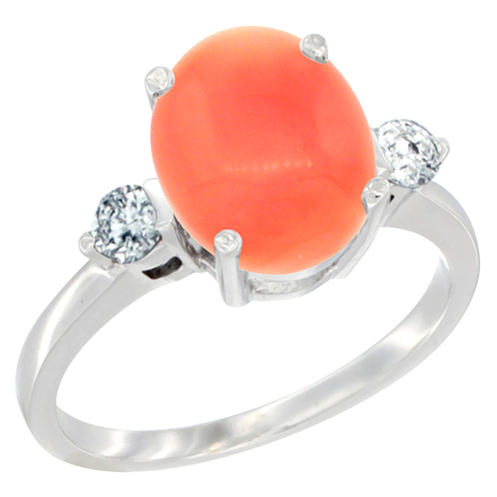 10K White Gold 10x8mm Oval Natural Coral Ring for Women Diamond Side-stones sizes 5 - 10