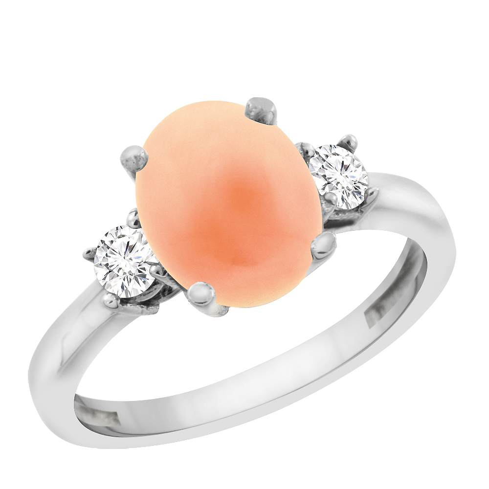 14K White Gold Natural Coral Engagement Ring Oval 10x8 mm Diamond Sides, sizes 5 - 10