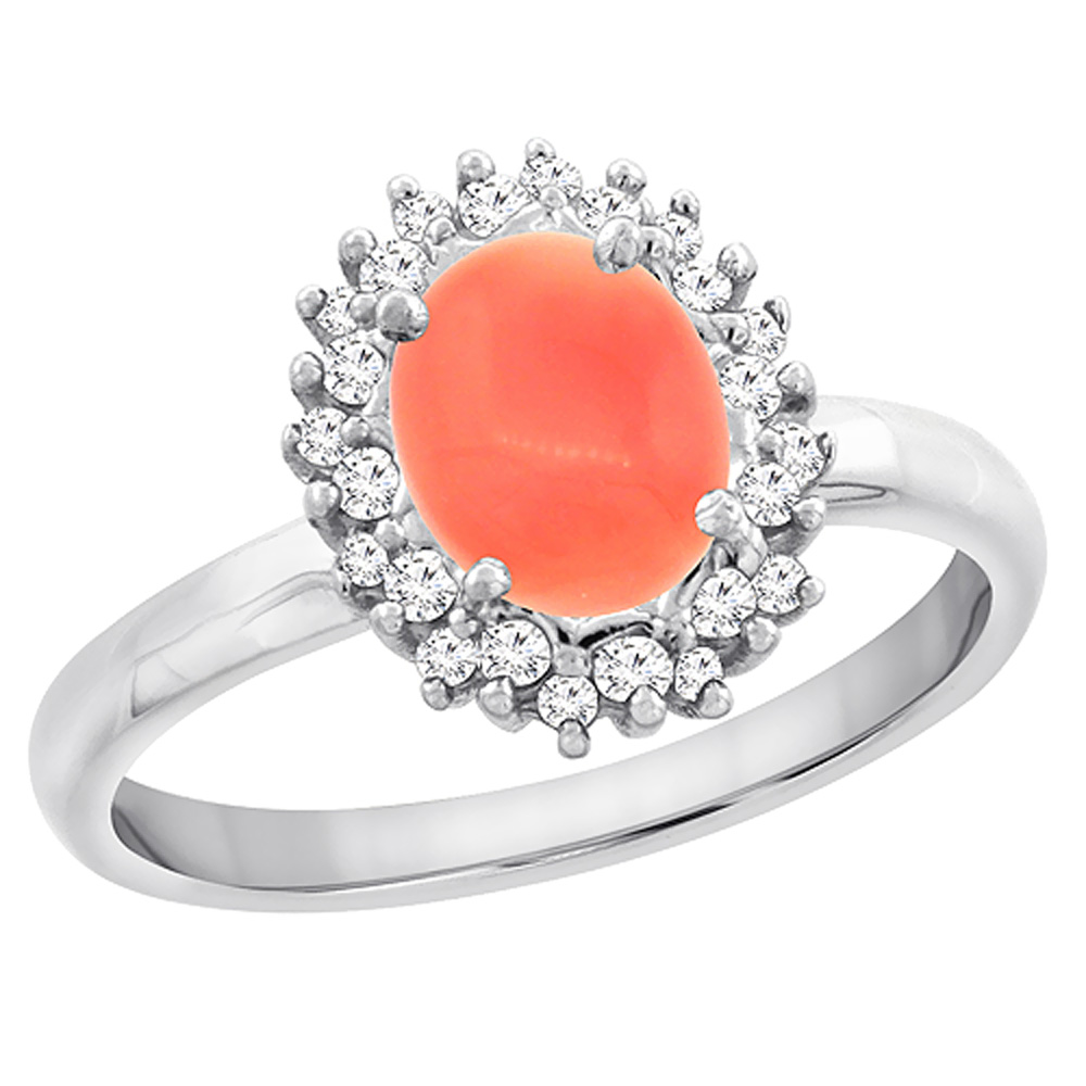 14K White Gold Diamond Natural Coral Engagement Ring Oval 7x5mm, sizes 5 - 10