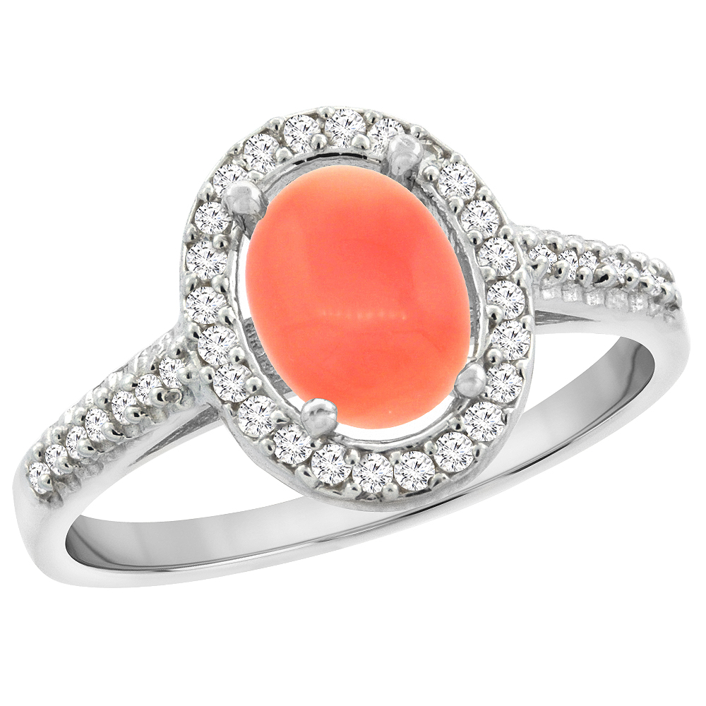 14K White Gold Natural Coral Engagement Ring Oval 7x5 mm Diamond Halo, sizes 5 - 10