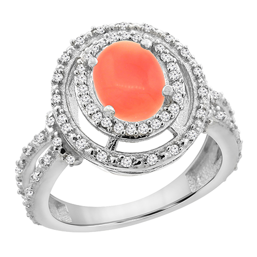10K White Gold Natural Coral Ring Oval 8x6 mm Double Halo Diamond, sizes 5 - 10