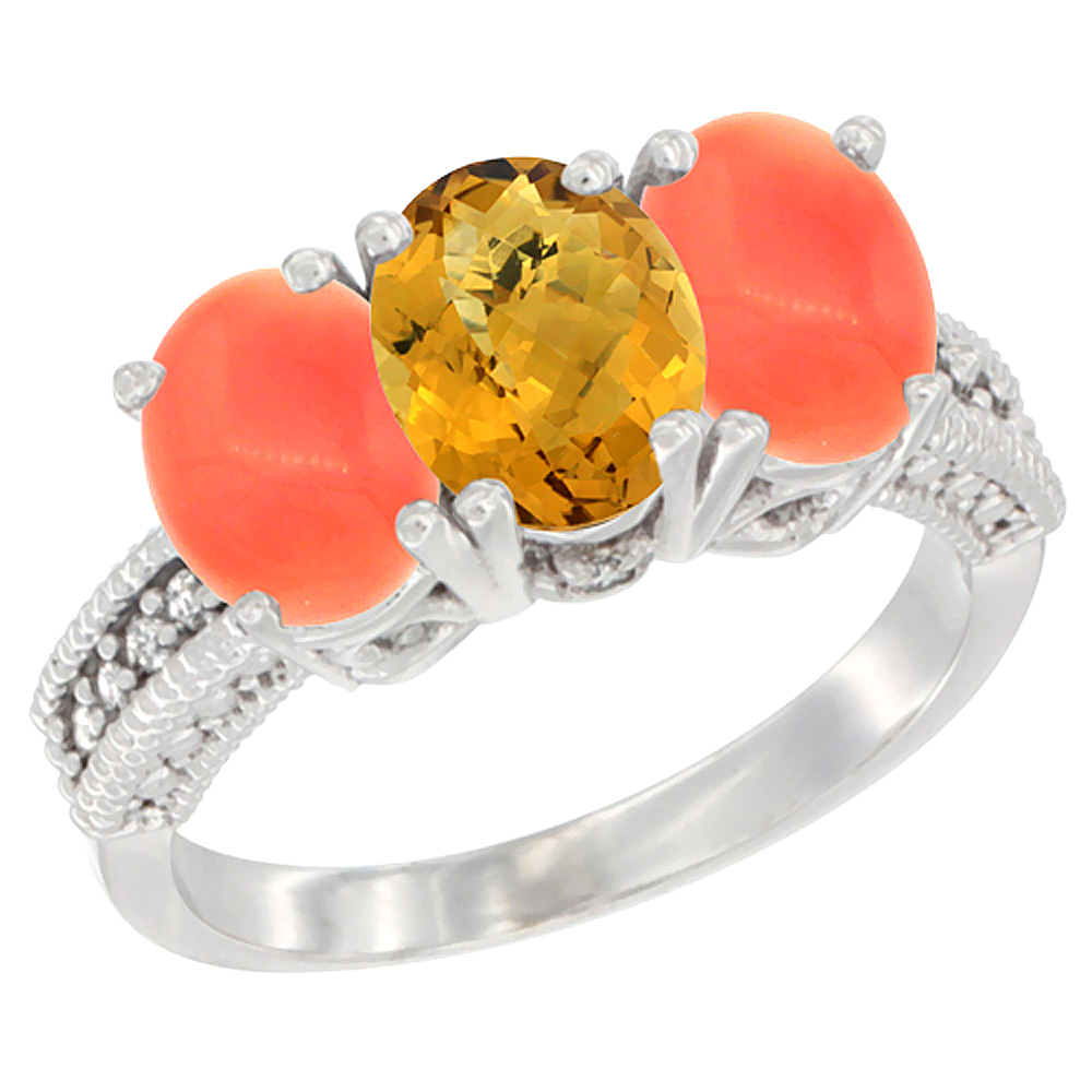 14K White Gold Natural Whisky Quartz Ring with Coral 3-Stone 7x5 mm Oval Diamond Accent, sizes 5 - 10