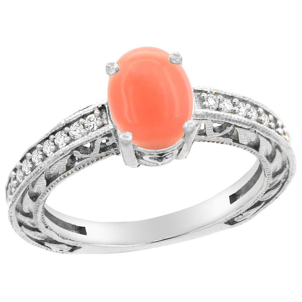 10K Gold Natural Coral Ring Oval 8x6 mm Diamond Accents, sizes 5 - 10