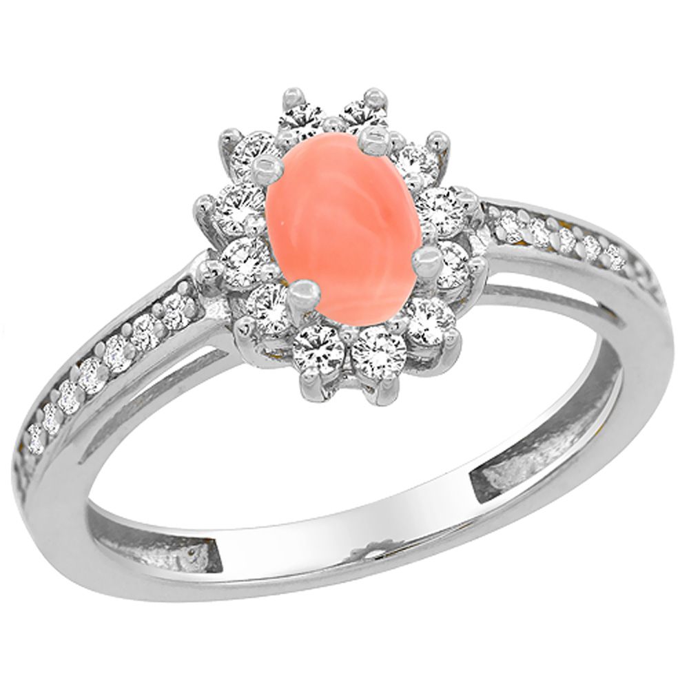10K White Gold Natural Coral Flower Halo Ring Oval 6x4 mm Diamond Accents, sizes 5 - 10
