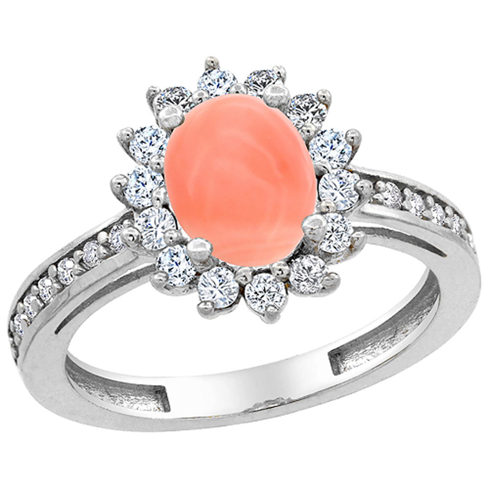 14K White Gold Natural Coral Floral Halo Ring Oval 8x6mm Diamond Accents, sizes 5 - 10
