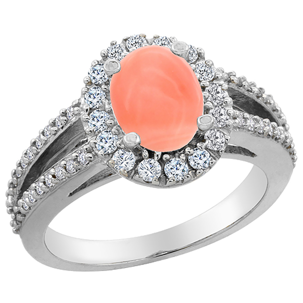 10K White Gold Natural Coral Halo Ring Oval 8x6 mm with Diamond Accents, sizes 5 - 10