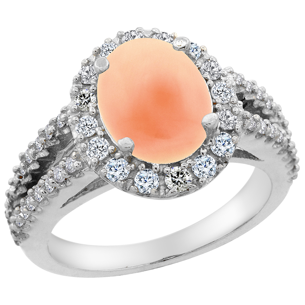 10K White Gold Diamond Natural Coral Engagement Ring Oval 10x8mm, sizes 5-10