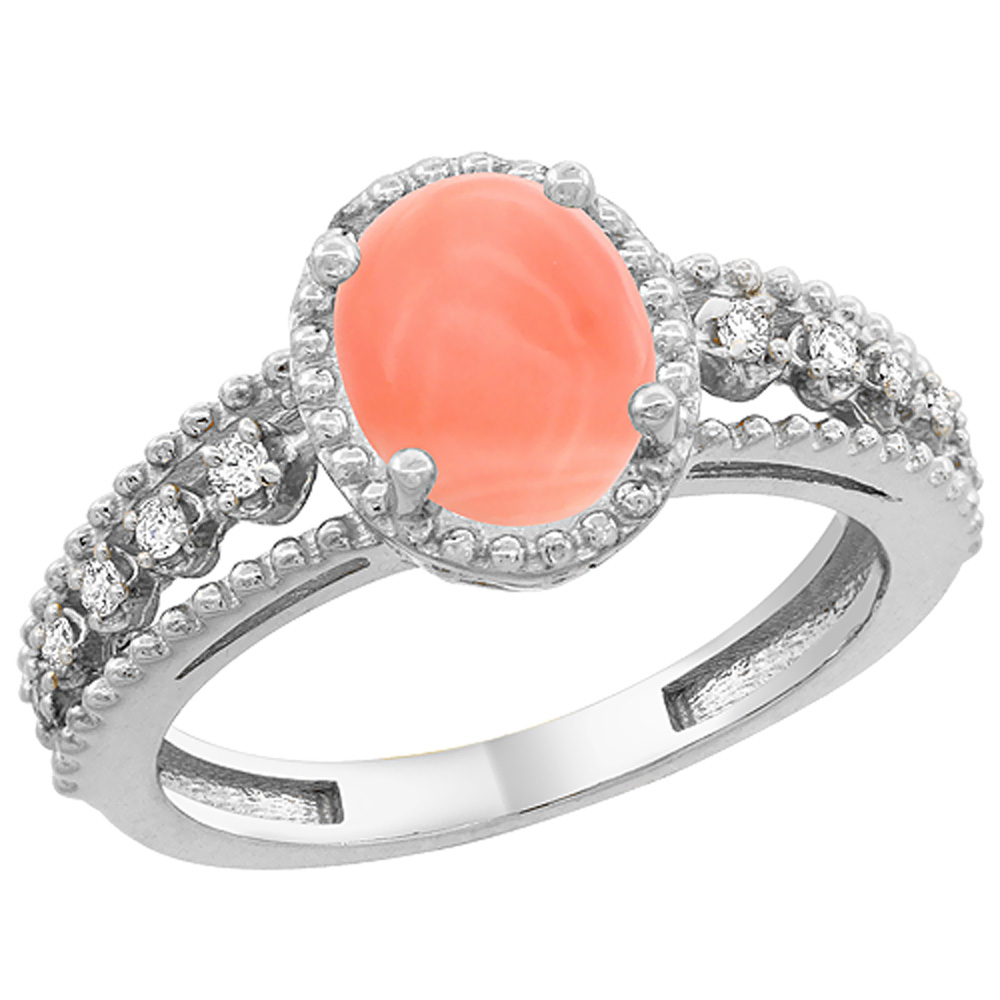 10K White Gold Natural Coral Ring Oval 9x7 mm Floating Diamond Accents, sizes 5 - 10
