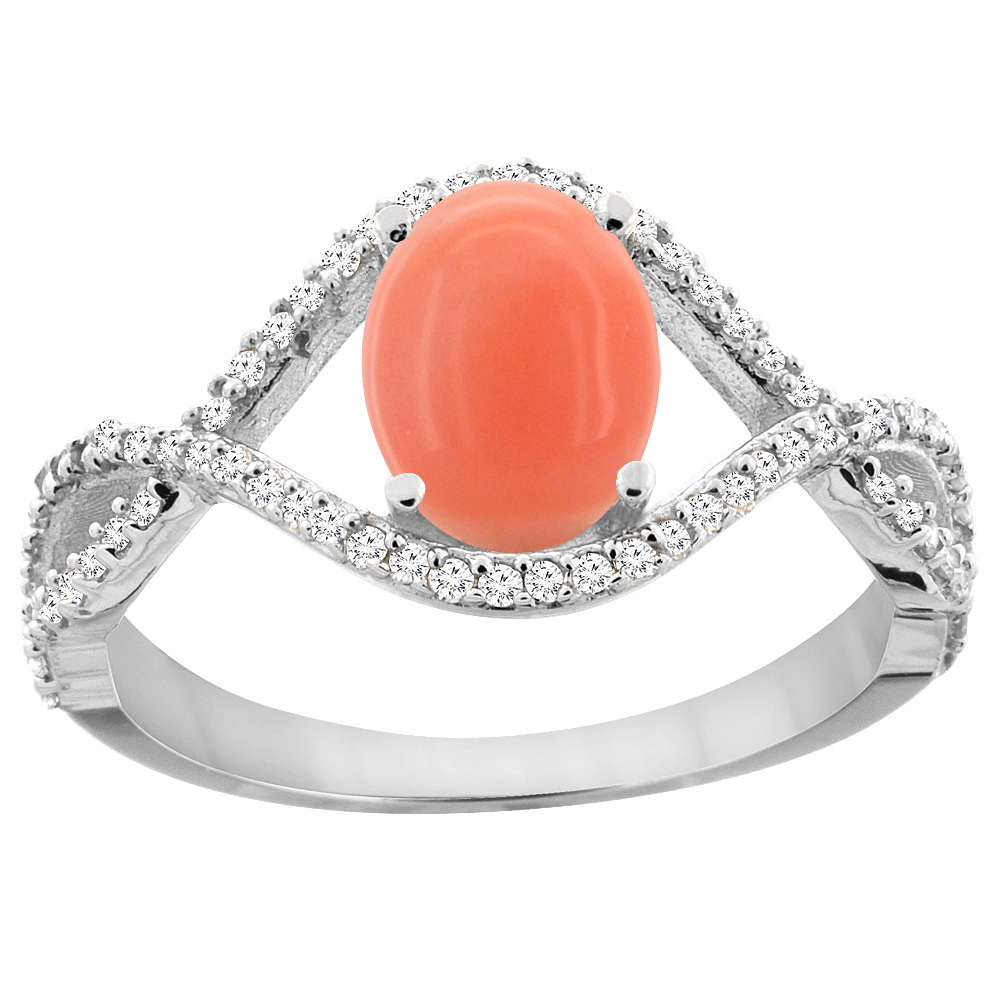 14K White Gold Natural Coral Ring Oval 8x6 mm Infinity Diamond Accents, sizes 5 - 10