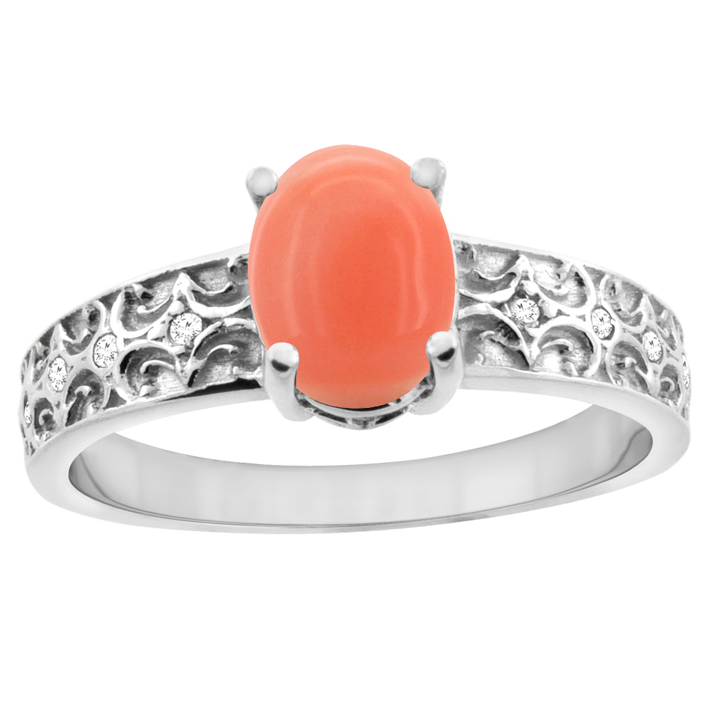 14K White Gold Natural Coral Ring Oval 8x6 mm Diamond Accents, sizes 5 - 10