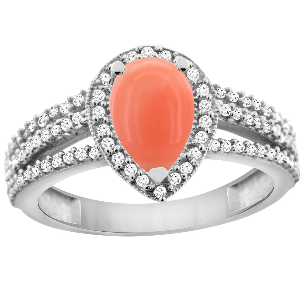 14K White Gold Natural Coral Ring 9x7 Pear Halo Diamond, sizes 5 - 10