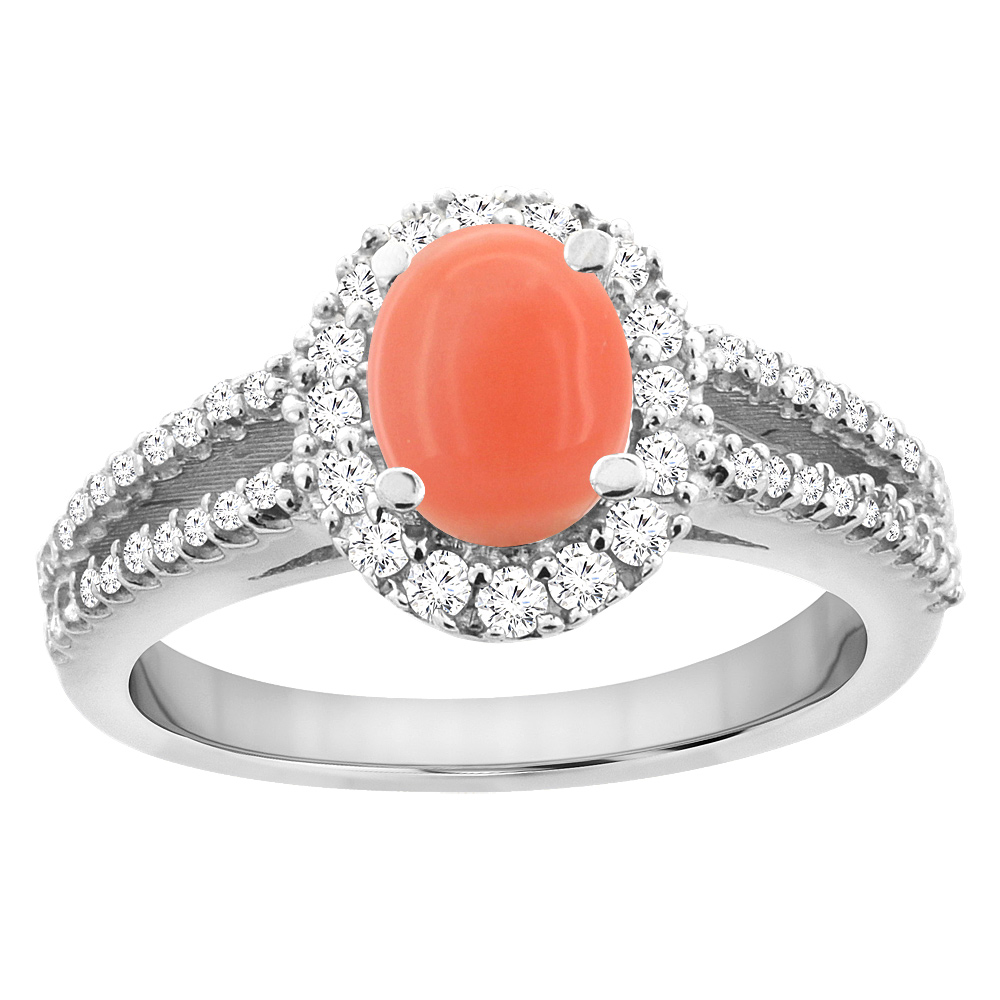 14K White Gold Natural Coral Split Shank Halo Engagement Ring Oval 7x5 mm, sizes 5 - 10