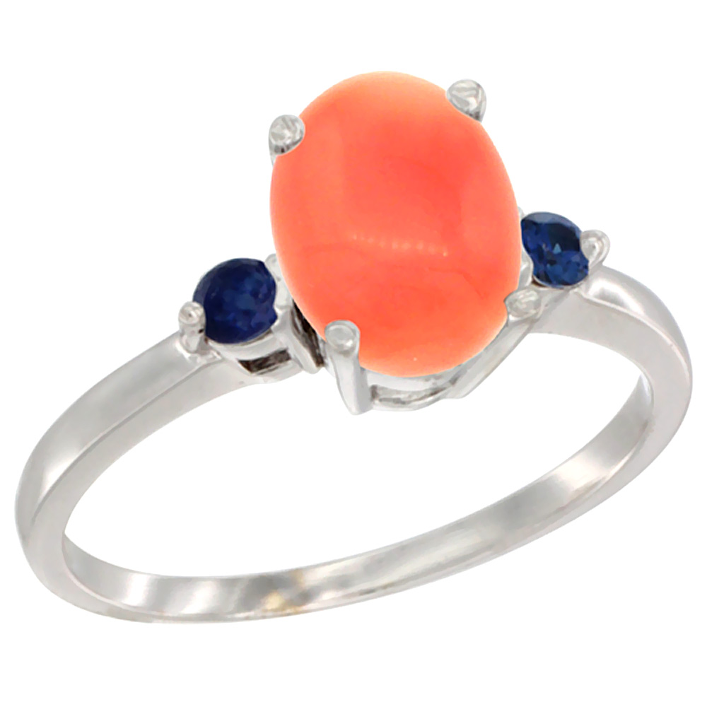 10K White Gold Natural Coral Ring Oval 9x7 mm Blue Sapphire Accent, sizes 5 to 10