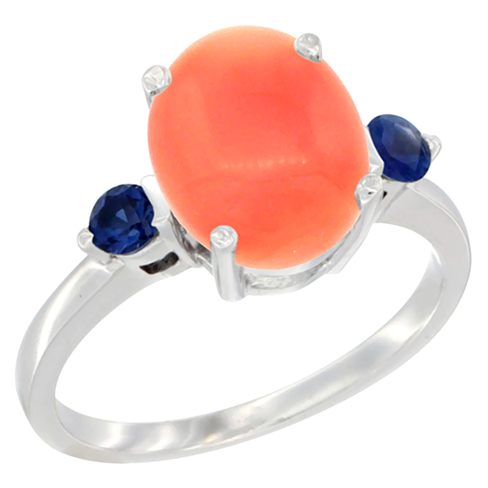 14K White Gold 10x8mm Oval Natural Coral Ring for Women Blue Sapphire Side-stones sizes 5 - 10