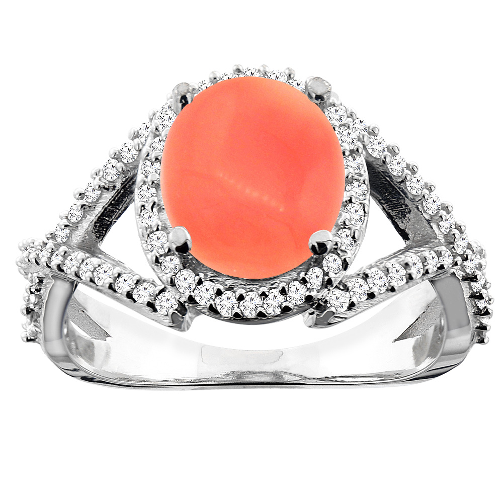 14K White/Yellow/Rose Gold Natural Coral Ring Oval 9x7mm Diamond Accent, sizes 5 - 10