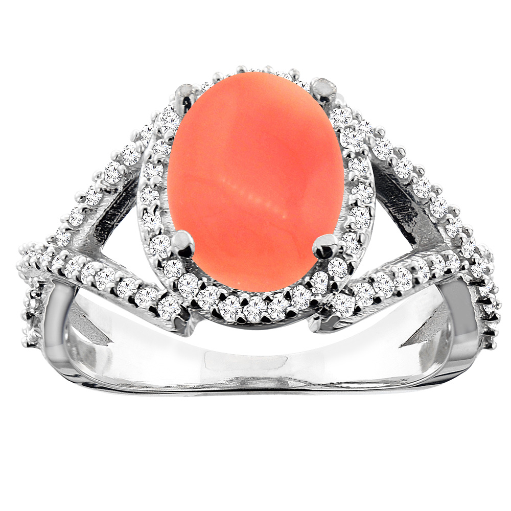 10K White/Yellow/Rose Gold Natural Coral Ring Oval 10x8mm Diamond Accent, sizes 5 - 10