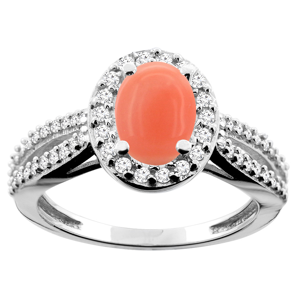10K White/Yellow/Rose Gold Natural Coral Ring Oval 8x6mm Diamond Accent, sizes 5 - 10