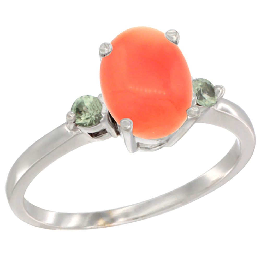 10K White Gold Natural Coral Ring Oval 9x7 mm Green Sapphire Accent, sizes 5 to 10