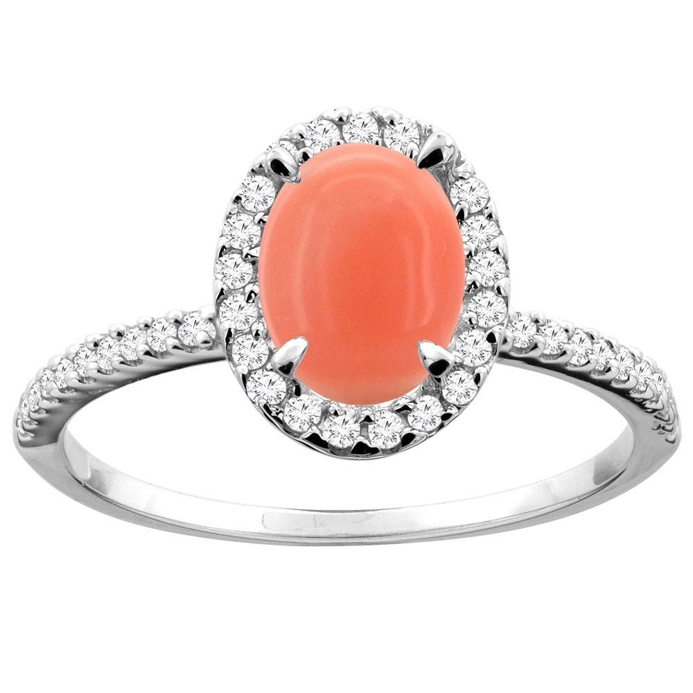 10K White/Yellow Gold Natural Coral Ring Oval 8x6mm Diamond Accent, sizes 5 - 10
