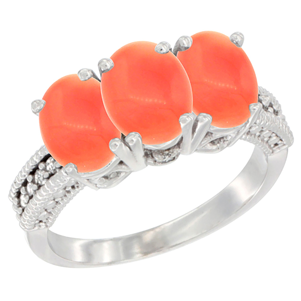 14K White Gold Natural Coral Ring 3-Stone 7x5 mm Oval Diamond Accent, sizes 5 - 10