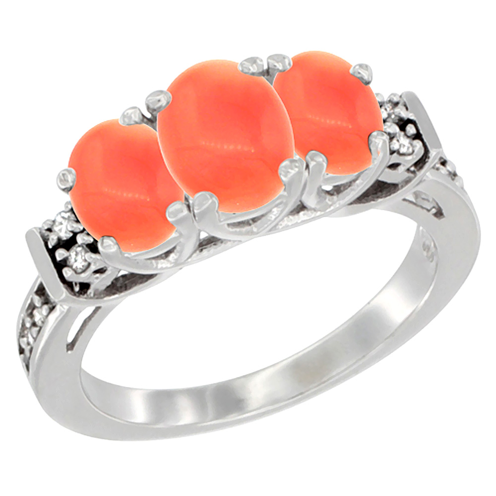 14K White Gold Natural Coral Ring 3-Stone Oval Diamond Accent, sizes 5-10